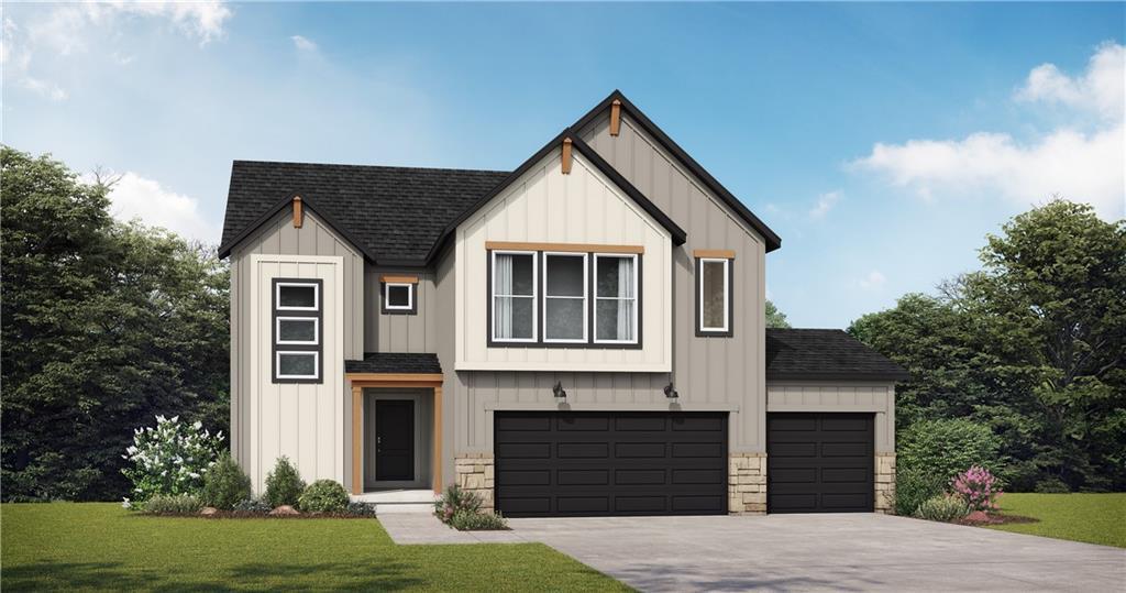 500 Woodview Dr, Raymore, MO 64083 - modern farmhouse featuring a shingled roof, board and batten siding, driveway, and a front lawn