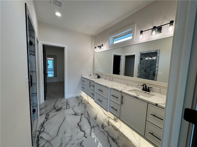 9019 Freedom Cir, Lenexa, KS 66227 - full bathroom featuring a stall shower, double vanity, marble finish floors, baseboards, and recessed lighting
