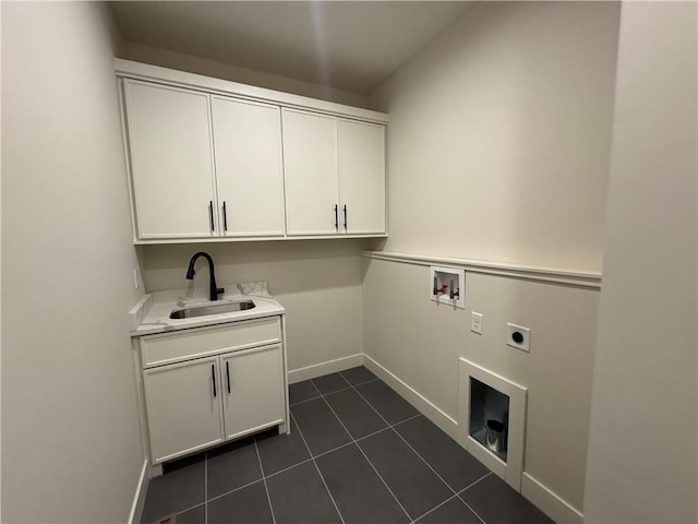 9019 Freedom Cir, Lenexa, KS 66227 - washroom with electric dryer hookup, cabinet space, washer hookup, and dark tile patterned floors