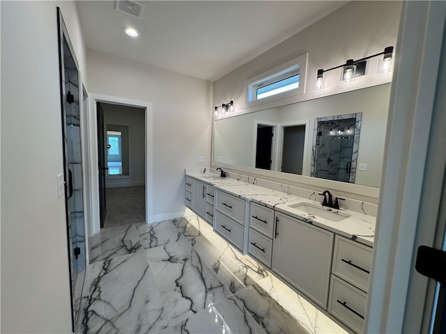 9019 Freedom Cir, Lenexa, KS 66227 - full bathroom featuring a marble finish shower, double vanity, marble finish floors, and recessed lighting