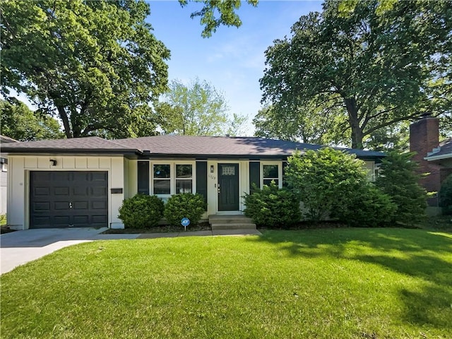 11709 Fremont Ave, Kansas City, MO 64134 - view of front of property featuring a garage, concrete driveway, a front yard, and board and batten siding