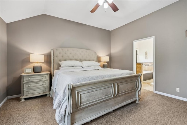21607 W 51st St, Shawnee, KS 66226 - bedroom featuring carpet floors, ensuite bath, vaulted ceiling, and a ceiling fan