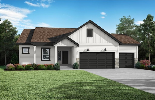 336 Meadowlark Dr, Raymore, MO 64083 - modern inspired farmhouse with board and batten siding, an attached garage, concrete driveway, a front yard, and a shingled roof