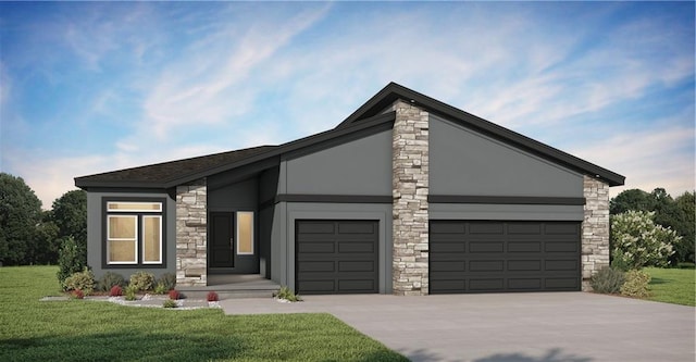600 Mayfair Ct, Raymore, MO 64083 - view of front of home with an attached garage, stone siding, a front yard, concrete driveway, and stucco siding