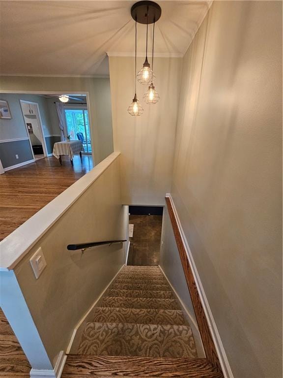11306 E 45th St, Kansas City, MO 64133 - stairs featuring crown molding, wood finished floors, and baseboards
