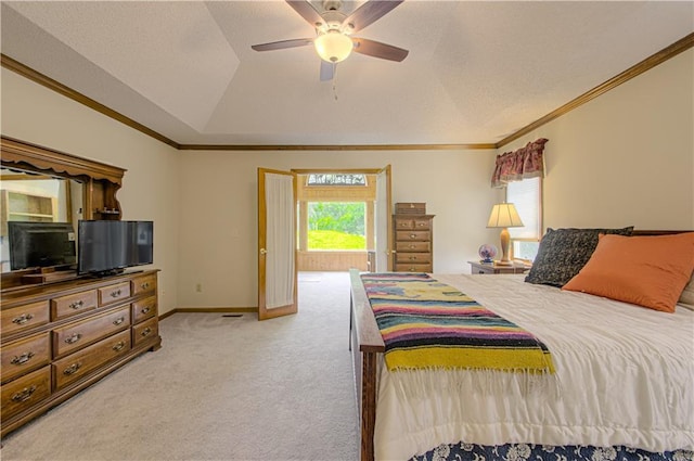 17725 W 68th Ter, Shawnee, KS 66217 - bedroom with ornamental molding, light carpet, baseboards, a ceiling fan, and vaulted ceiling