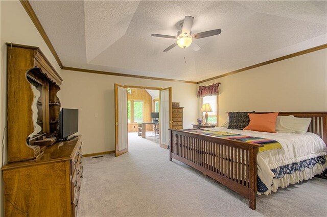 17725 W 68th Ter, Shawnee, KS 66217 - bedroom with ornamental molding, light carpet, a textured ceiling, baseboards, and ceiling fan