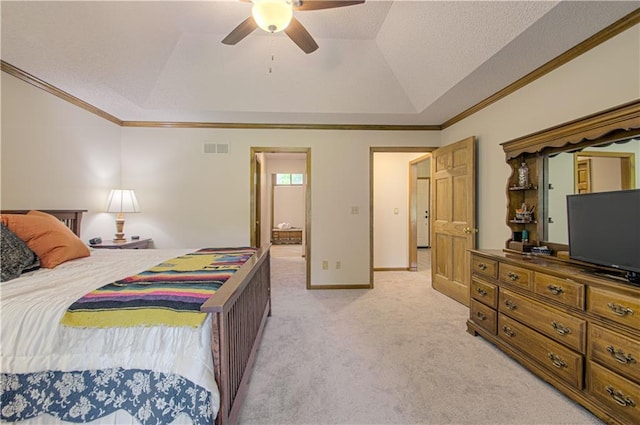 17725 W 68th Ter, Shawnee, KS 66217 - bedroom featuring light carpet, crown molding, vaulted ceiling, a raised ceiling, and ceiling fan