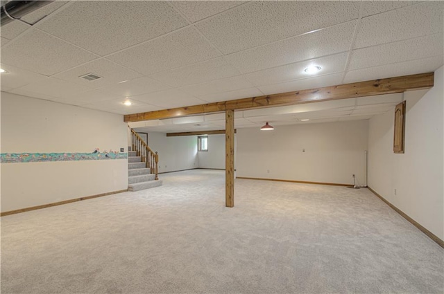 17725 W 68th Ter, Shawnee, KS 66217 - basement featuring carpet, stairs, baseboards, and a drop ceiling