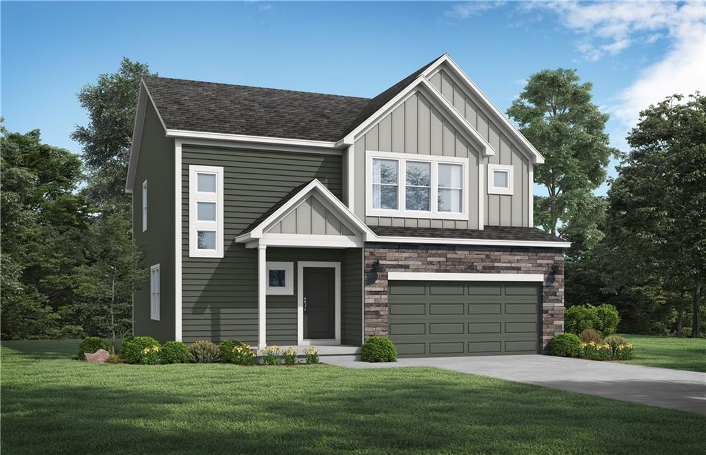 1308 SE Windbreak Dr, Lees Summit, MO 64081 - view of front facade with board and batten siding, an attached garage, a front yard, a shingled roof, and driveway