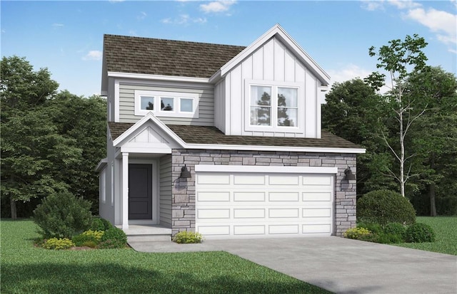 1312 Windbreak Dr, Lees Summit, MO 64081 - view of front of house featuring an attached garage, concrete driveway, board and batten siding, stone siding, and roof with shingles