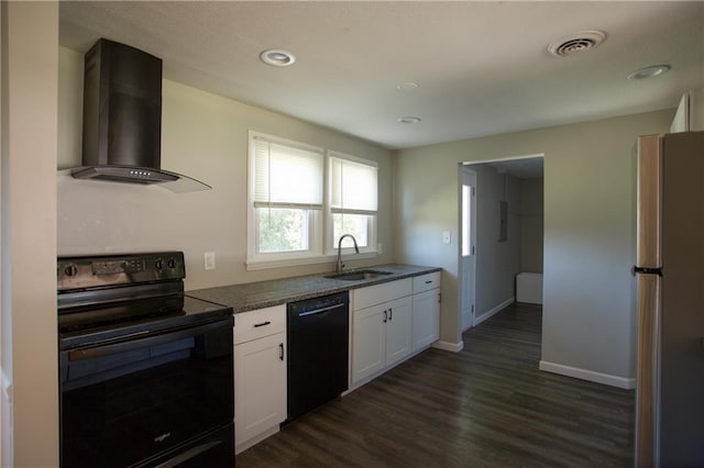 7048 Horton St, Overland Park, KS 66204 - kitchen featuring black appliances, wall chimney range hood, a sink, white cabinetry, and dark wood-type flooring