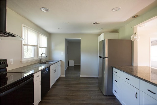 7048 Horton St, Overland Park, KS 66204 - kitchen with black appliances, a sink, wall chimney exhaust hood, white cabinets, and dark stone countertops