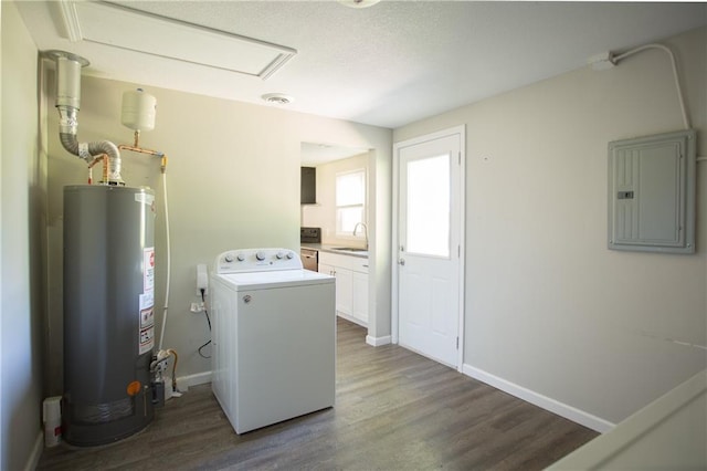 7048 Horton St, Overland Park, KS 66204 - laundry room with washer / dryer, electric panel, water heater, wood finished floors, and attic access