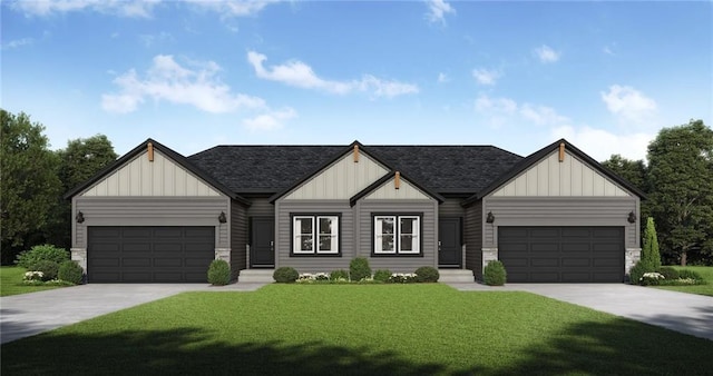 1210 SE Windbreak Dr, Lees Summit, MO 64081 - modern inspired farmhouse with roof with shingles, a front lawn, and concrete driveway