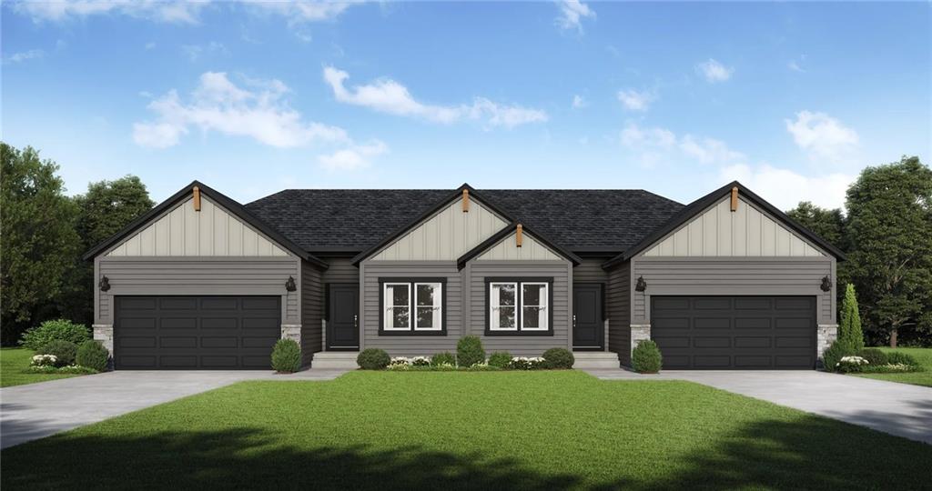 1212 SE Windbreak Dr, Lees Summit, MO 64081 - modern inspired farmhouse with roof with shingles, a front lawn, and concrete driveway