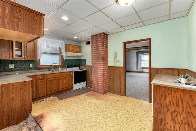 3121 Saint Joseph Ave, Saint Joseph, MO 64505 - kitchen with electric range oven, a sink, wainscoting, under cabinet range hood, and brown cabinets