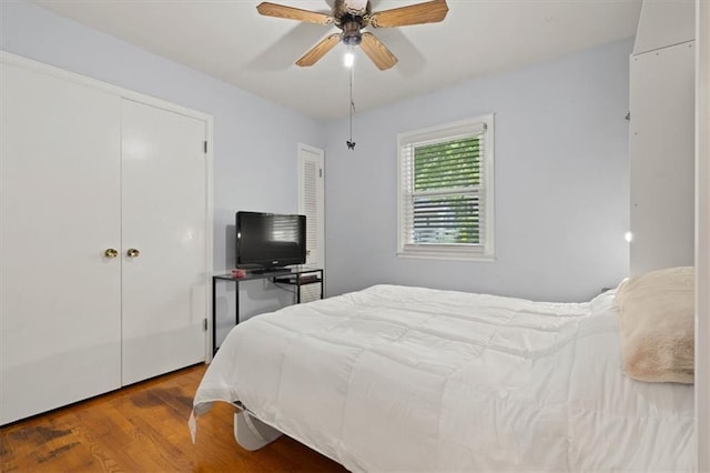 9520 Lamar Ave, Overland Park, KS 66207 - bedroom featuring two closets, wood finished floors, and ceiling fan