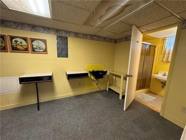 6705 E 140th Pl, Grandview, MO 64030 - finished basement with dark carpet and a paneled ceiling