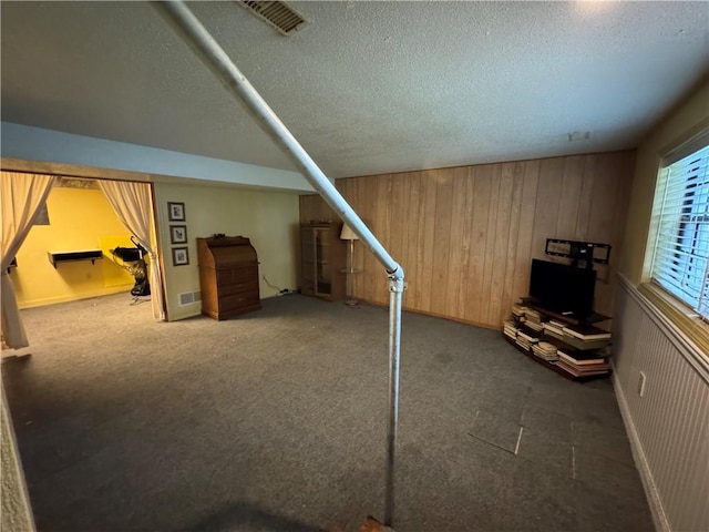 6705 E 140th Pl, Grandview, MO 64030 - basement featuring wooden walls, a textured ceiling, and carpet flooring