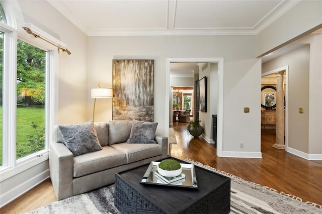 5403 Windsor Ln, Fairway, KS 66205 - living room featuring ornamental molding, wood finished floors, and baseboards