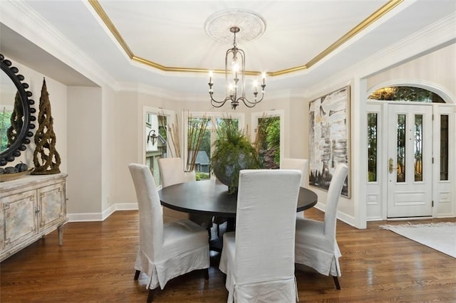 5403 Windsor Ln, Fairway, KS 66205 - dining room with a chandelier, a tray ceiling, wood finished floors, baseboards, and crown molding