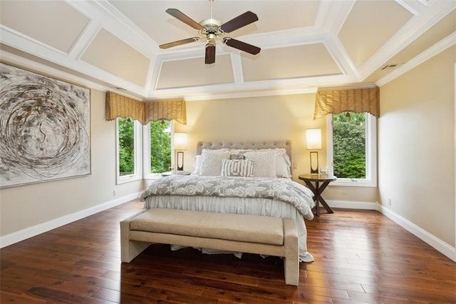 5403 Windsor Ln, Fairway, KS 66205 - bedroom with coffered ceiling, hardwood / wood-style flooring, ornamental molding, baseboards, and a ceiling fan