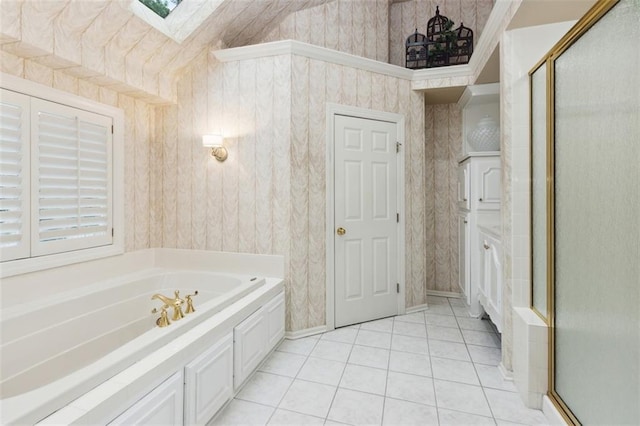 5403 Windsor Ln, Fairway, KS 66205 - full bathroom with a skylight, a shower stall, tile patterned floors, a bath, and wallpapered walls