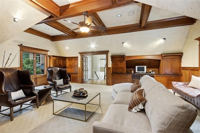 5403 Windsor Ln, Fairway, KS 66205 - living room featuring a ceiling fan, wainscoting, and coffered ceiling
