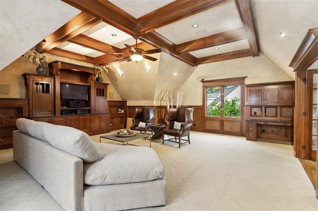 5403 Windsor Ln, Fairway, KS 66205 - living room featuring light colored carpet, a ceiling fan, and a wainscoted wall