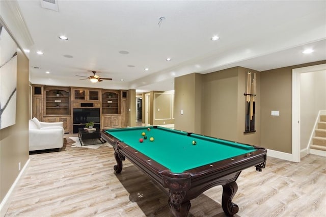 5403 Windsor Ln, Fairway, KS 66205 - recreation room with light wood-style flooring, baseboards, pool table, recessed lighting, and ceiling fan