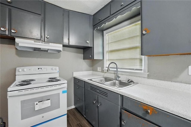 5609 E 101st St, Kansas City, MO 64137 - kitchen with white electric stove, under cabinet range hood, a sink, and light countertops