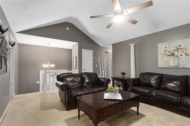 1512 Auburn Dr, Lees Summit, MO 64086 - living room featuring vaulted ceiling, light colored carpet, a ceiling fan, and a chandelier