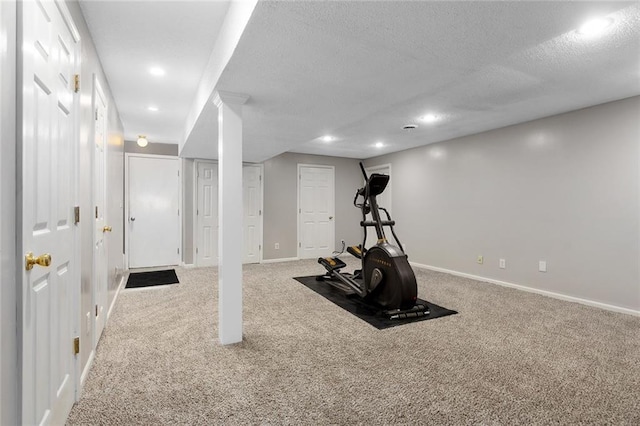 1512 Auburn Dr, Lees Summit, MO 64086 - exercise area with carpet, a textured ceiling, baseboards, and recessed lighting