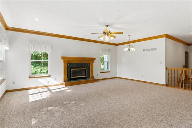 3000 Cedar Crest Dr, Independence, MO 64057 - unfurnished living room featuring carpet floors, ceiling fan, ornamental molding, baseboards, and a premium fireplace