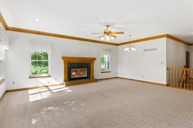 3000 Cedar Crest Dr, Independence, MO 64057 - unfurnished living room featuring carpet, ceiling fan, crown molding, a premium fireplace, and baseboards