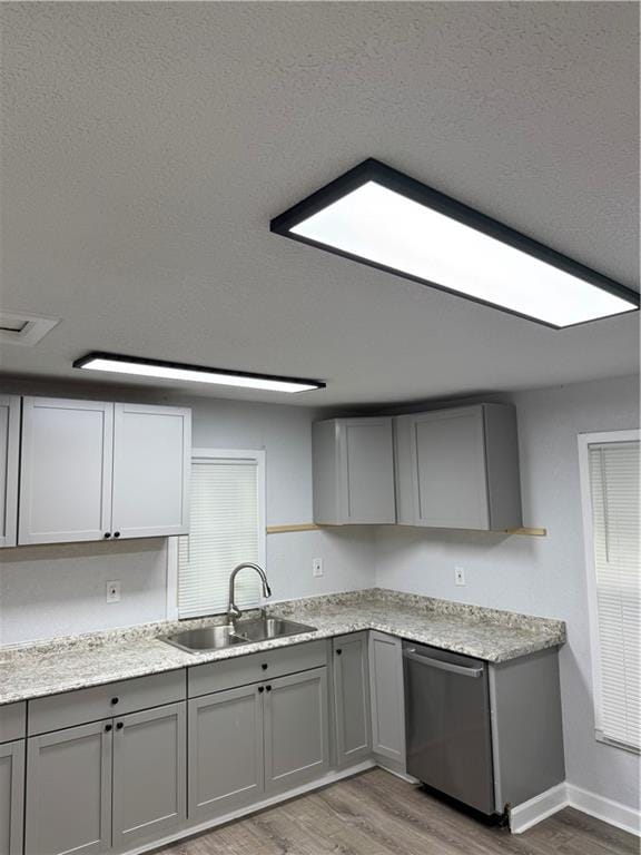 116 N Home St, Independence, MO 64053 - kitchen featuring dishwasher, a sink, gray cabinets, and a textured ceiling