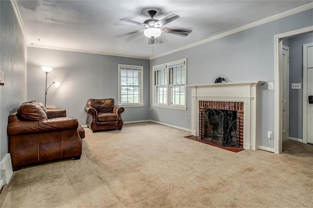 2738 S Crysler Ave, Independence, MO 64052 - living area with carpet floors, ornamental molding, a brick fireplace, ceiling fan, and baseboards