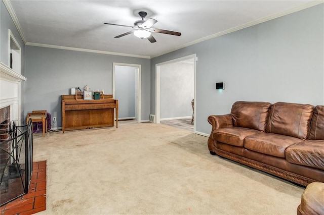 2738 S Crysler Ave, Independence, MO 64052 - living room with a brick fireplace, ceiling fan, crown molding, light carpet, and baseboards