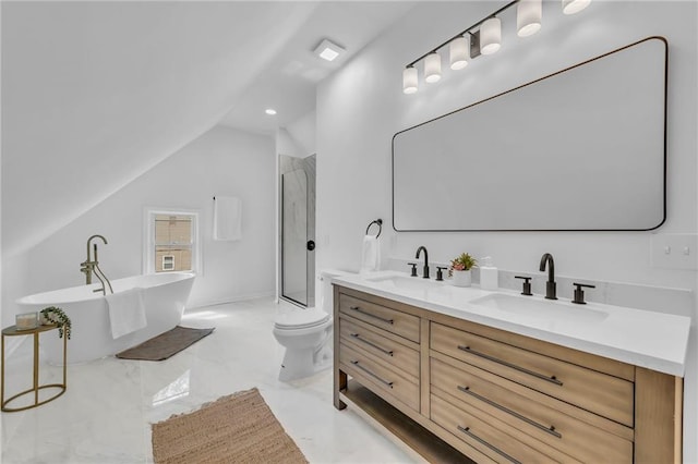 706 W Cedar St, Olathe, KS 66061 - full bathroom with double vanity, lofted ceiling, a stall shower, marble finish flooring, and a freestanding tub