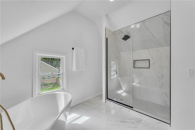 706 W Cedar St, Olathe, KS 66061 - bathroom featuring a freestanding tub, a marble finish shower, marble finish floors, and vaulted ceiling