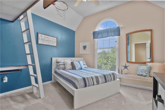 15801 Parkhill St, Overland Park, KS 66221 - bedroom with carpet floors, vaulted ceiling, a ceiling fan, and baseboards