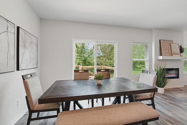 2208 Crestview Pl, Raymore, MO 64083 - dining space with wood finished floors, a glass covered fireplace, and baseboards
