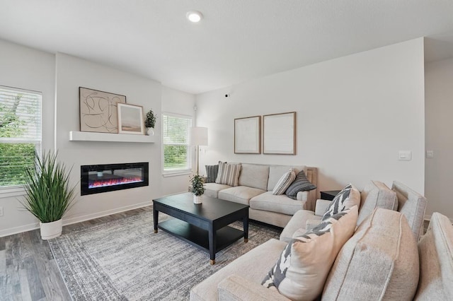 2208 Crestview Pl, Raymore, MO 64083 - living area with wood finished floors, a glass covered fireplace, and baseboards