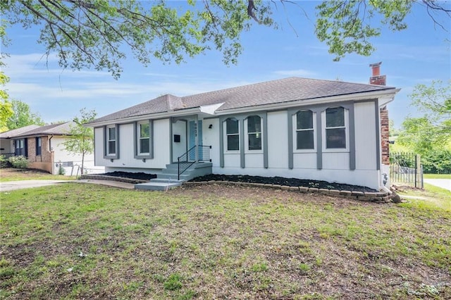 8823 E 111th St, Kansas City, MO 64134 - ranch-style house with a chimney, a front lawn, and roof with shingles
