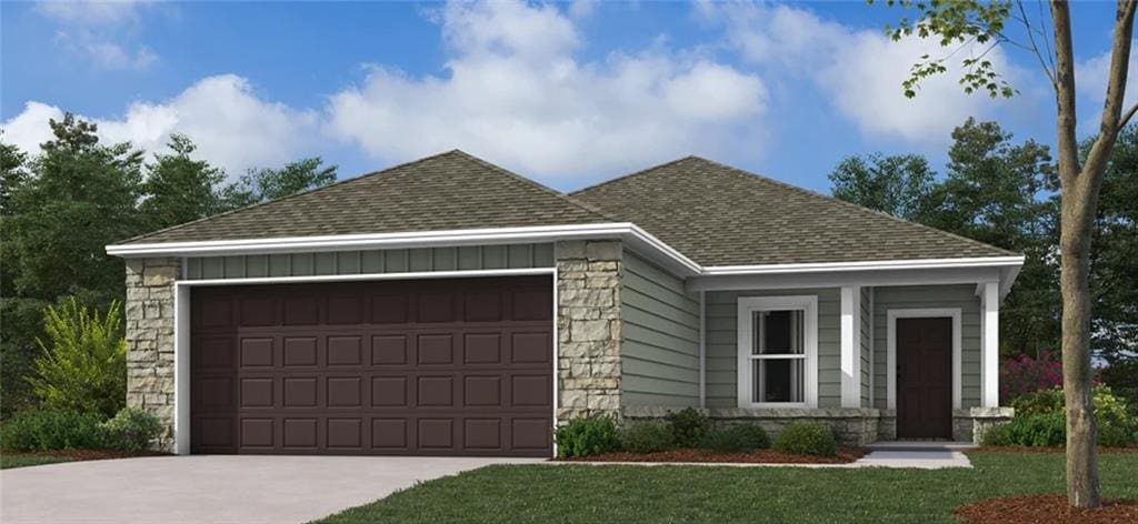20386 W 194th St, Spring Hill, KS 66083 - ranch-style house featuring roof with shingles, an attached garage, driveway, a front yard, and stone siding
