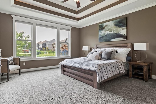 8756 Houston St, Lenexa, KS 66227 - bedroom featuring carpet, crown molding, a raised ceiling, and ceiling fan