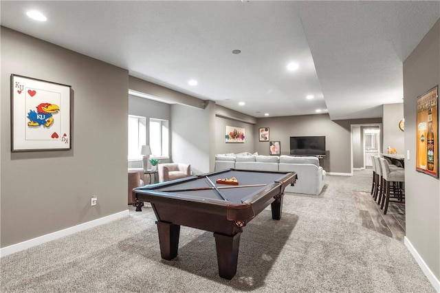 8756 Houston St, Lenexa, KS 66227 - recreation room with recessed lighting, light colored carpet, billiards, and bar area