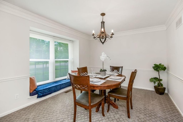 8122 Parkhill Rd, Lenexa, KS 66215 - carpeted dining space featuring a chandelier, ornamental molding, and baseboards