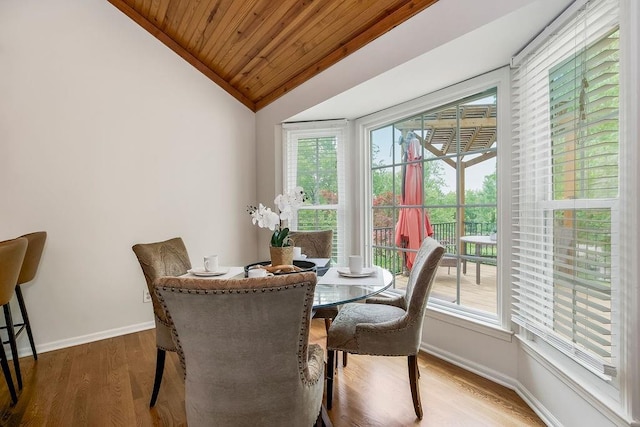 8122 Parkhill Rd, Lenexa, KS 66215 - dining space featuring lofted ceiling, wooden ceiling, wood finished floors, and baseboards